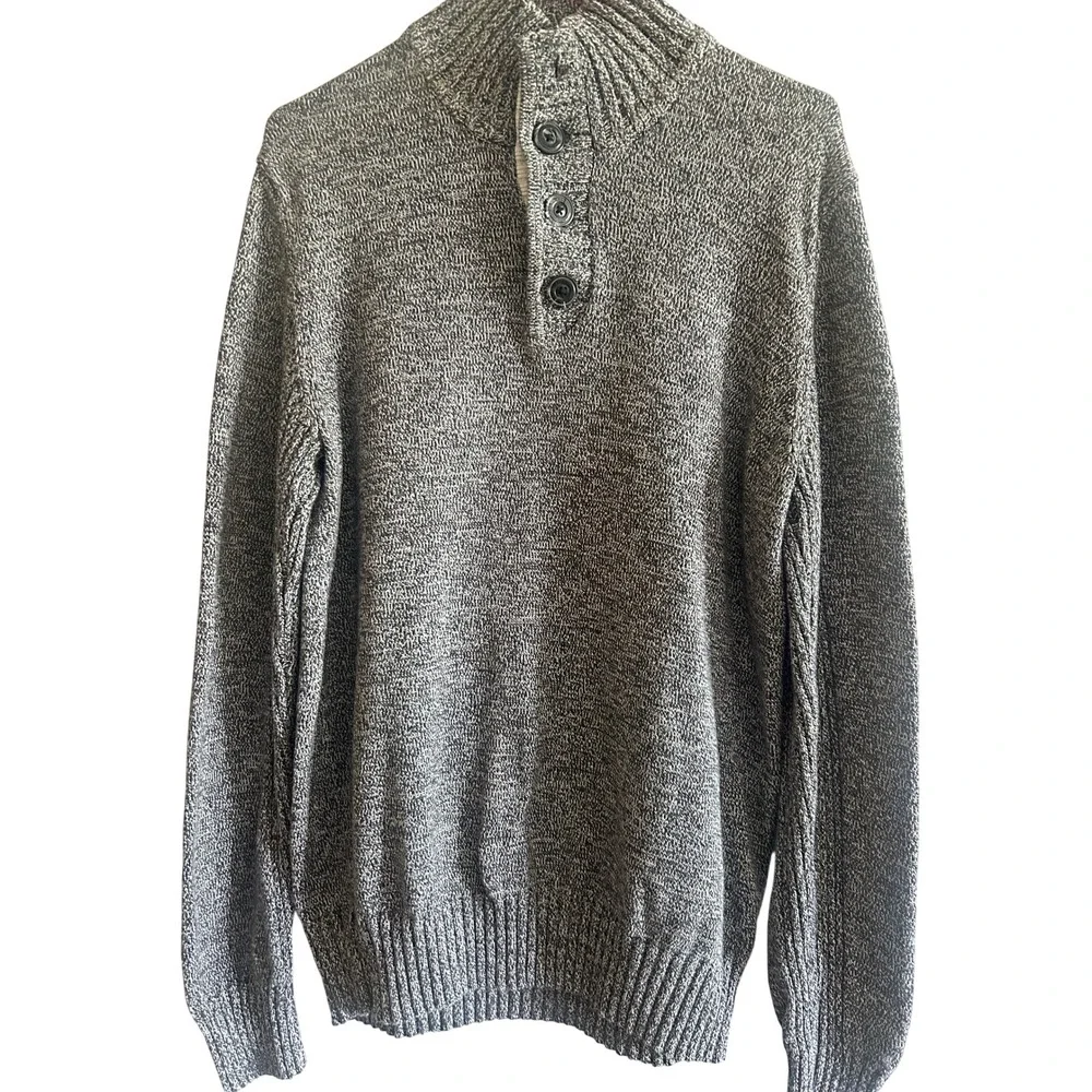 Sean John Mens Gray Marled Cotton Mock Neck Button Henley Sweater Large